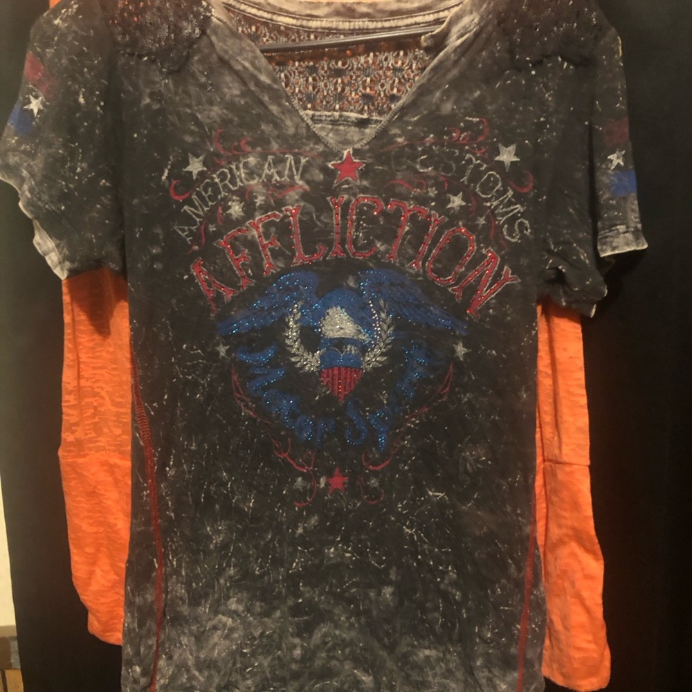 Affliction Black Tee with Red and Blue Eagle Design